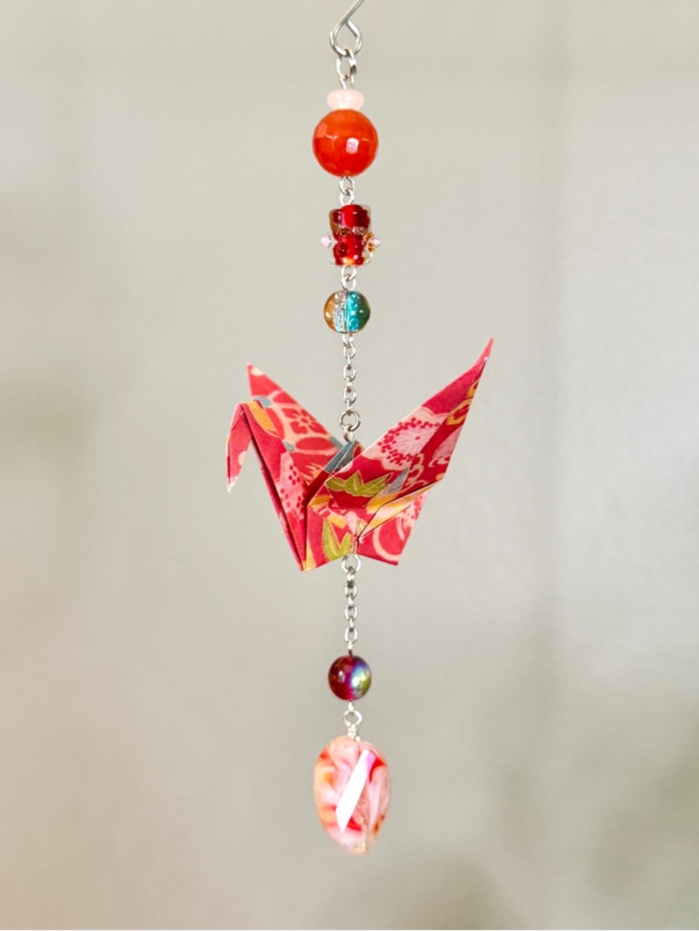 Origami Ornament #2503 - Medium Crane with Repurposed Glass Beads